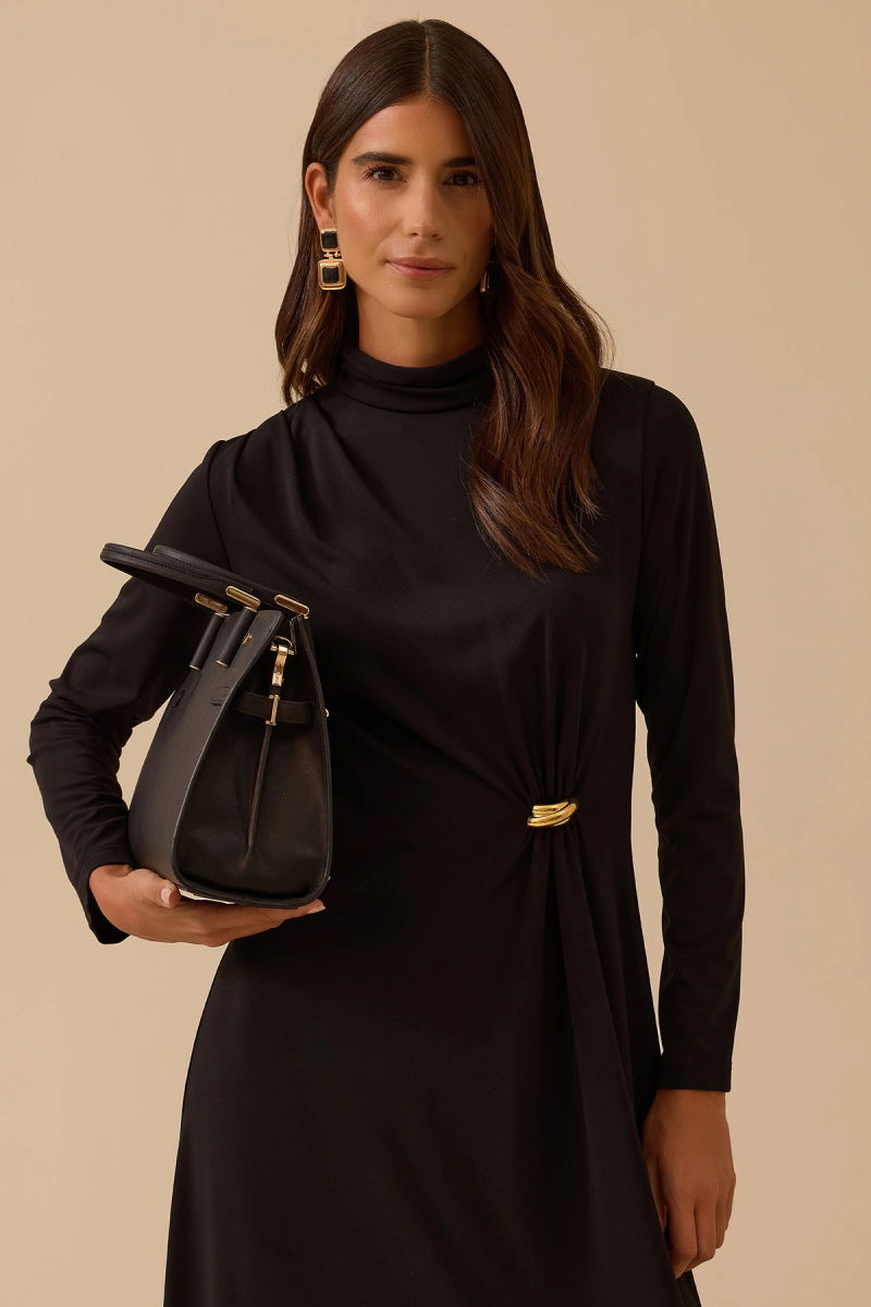 Seçil Kadın Metal Aksesuarlı Drapeli Elbise 1025 Siyah - 2