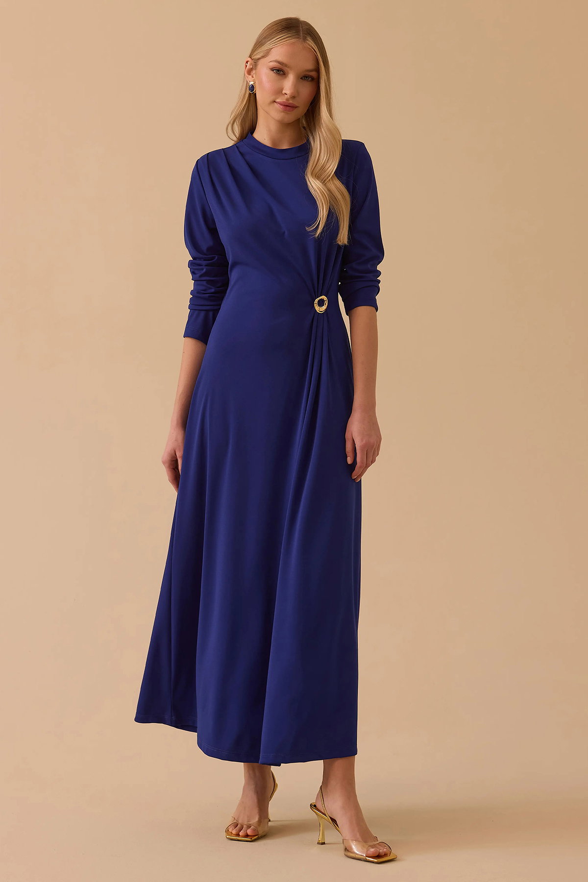 Seçil Kadın Metal Aksesuarlı Uzun Kollu Elbise 1039 Saks - 1