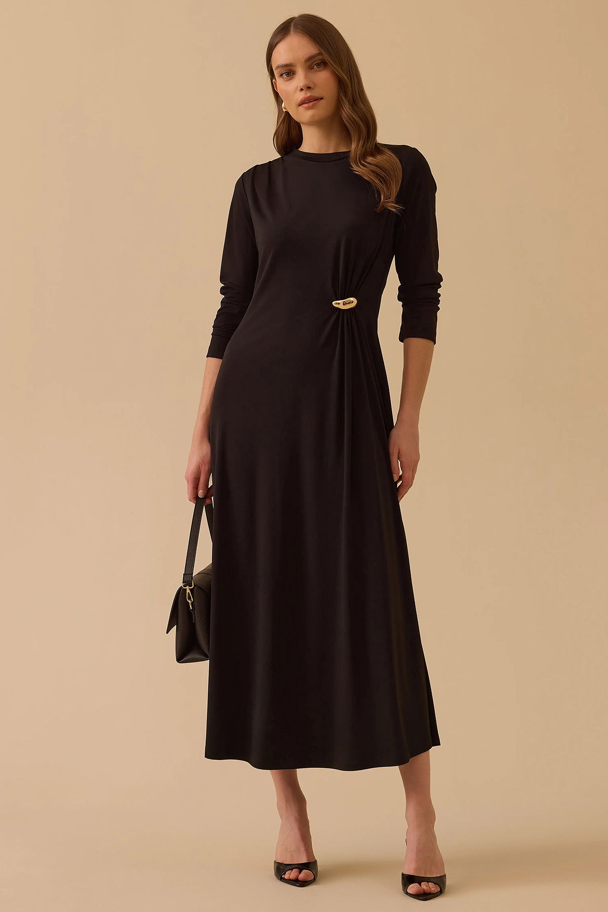 Seçil Kadın Metal Aksesuarlı Uzun Kollu Elbise 1039 Siyah - 1