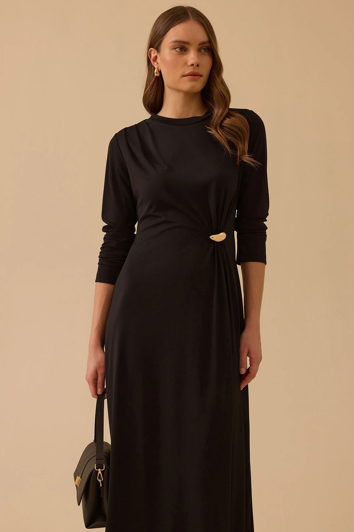 Seçil Kadın Metal Aksesuarlı Uzun Kollu Elbise 1039 Siyah - 2