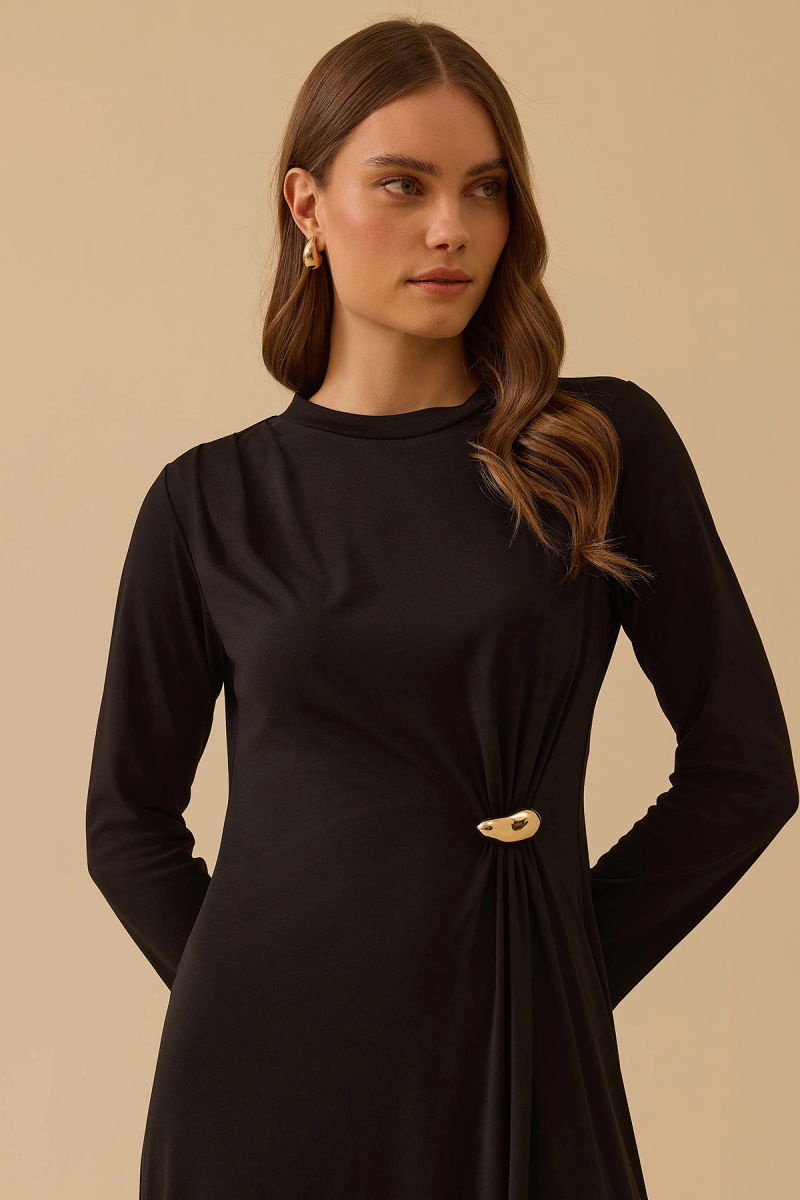 Seçil Kadın Metal Aksesuarlı Uzun Kollu Elbise 1039 Siyah - 3