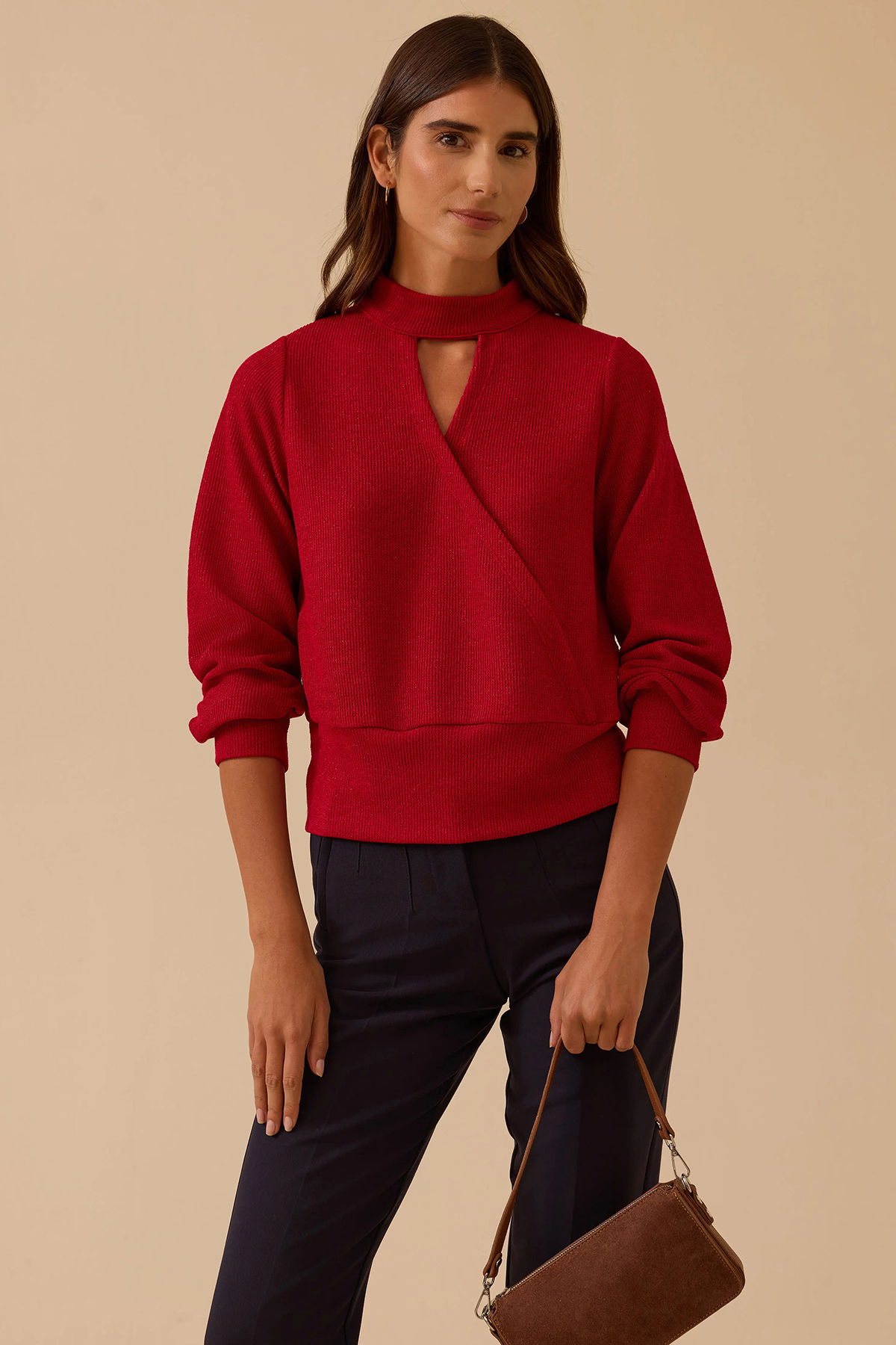 Seçil Kadın Pencere Detaylı Dik Yaka Triko Bluz 0032 Kırmızı - 1