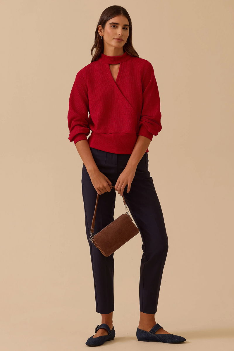 Seçil Kadın Pencere Detaylı Dik Yaka Triko Bluz 0032 Kırmızı - 2