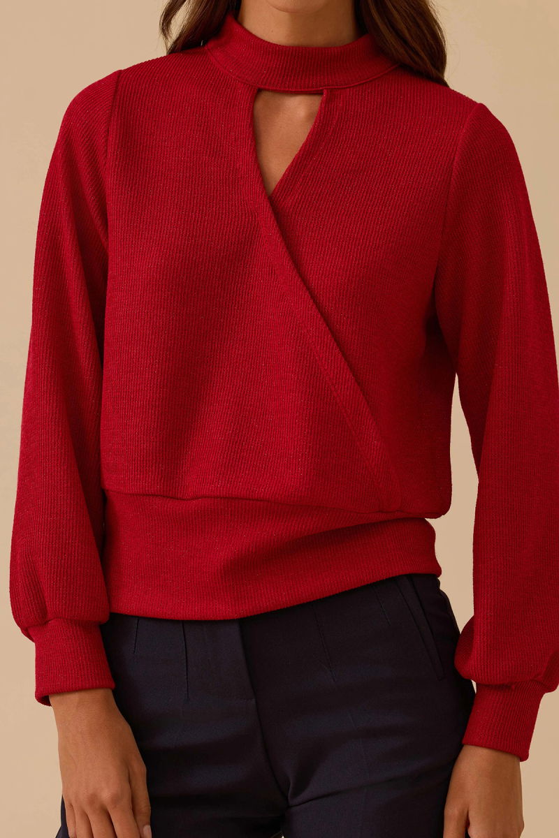 Seçil Kadın Pencere Detaylı Dik Yaka Triko Bluz 0032 Kırmızı - 3