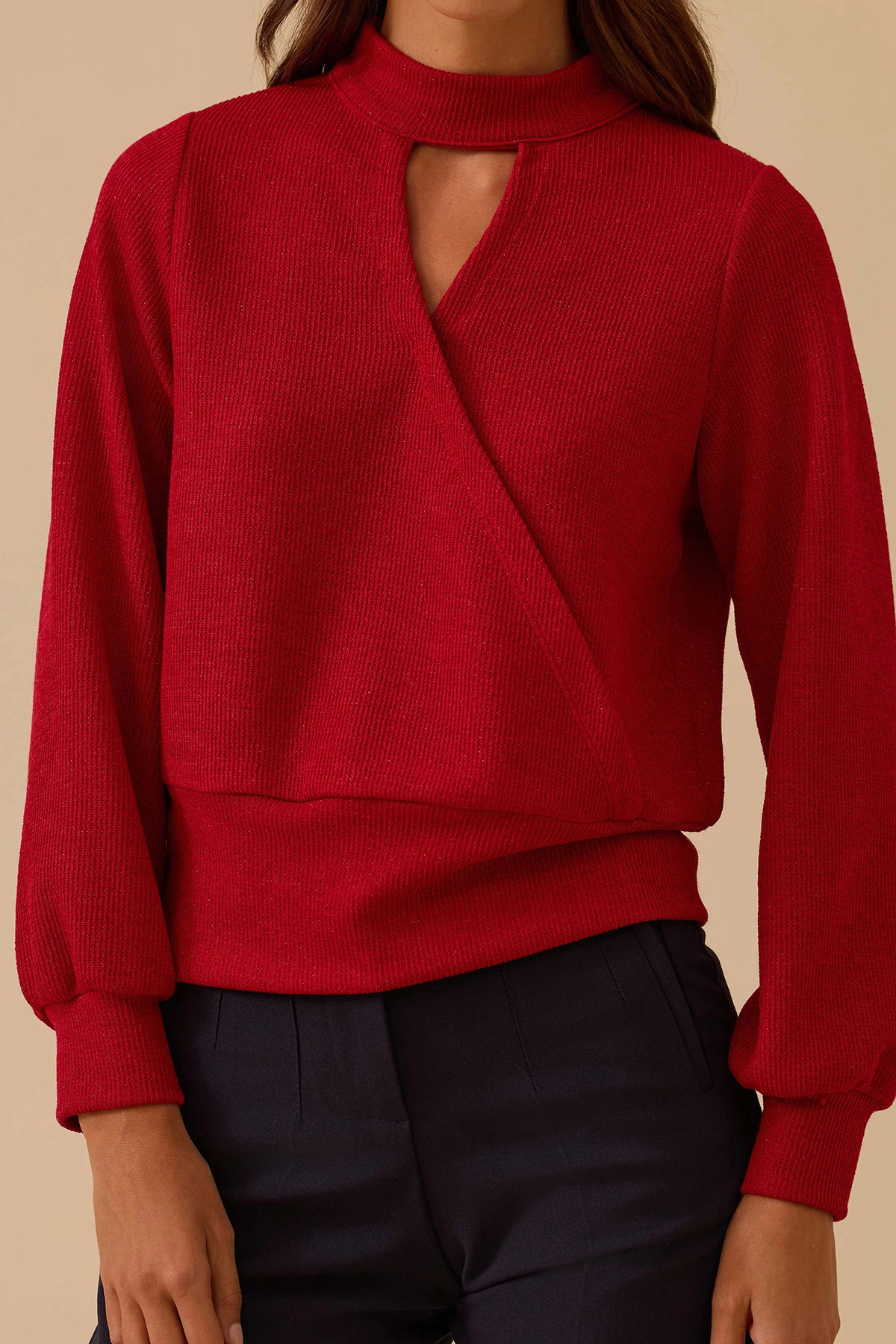 Seçil Kadın Pencere Detaylı Dik Yaka Triko Bluz 0032 Kırmızı - 3