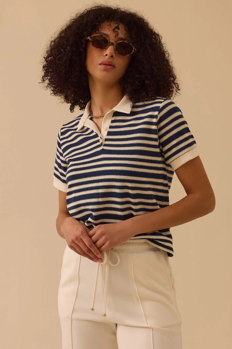 Seçil Kadın Polo Yaka Çizgili T-Shirt 0007 Lacivert - Seçil