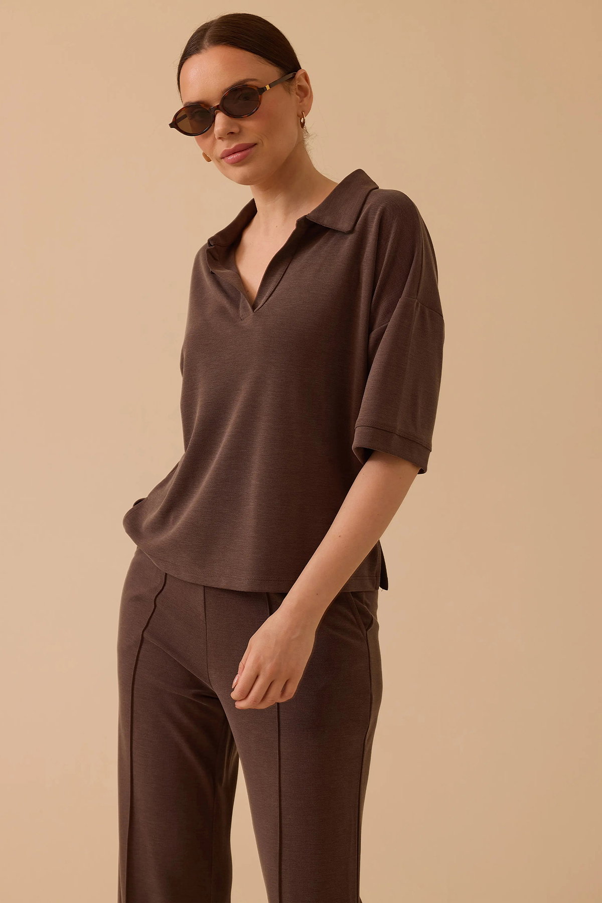 Seçil Kadın Polo Yaka Modal Takım 0002 Kahverengi - 2