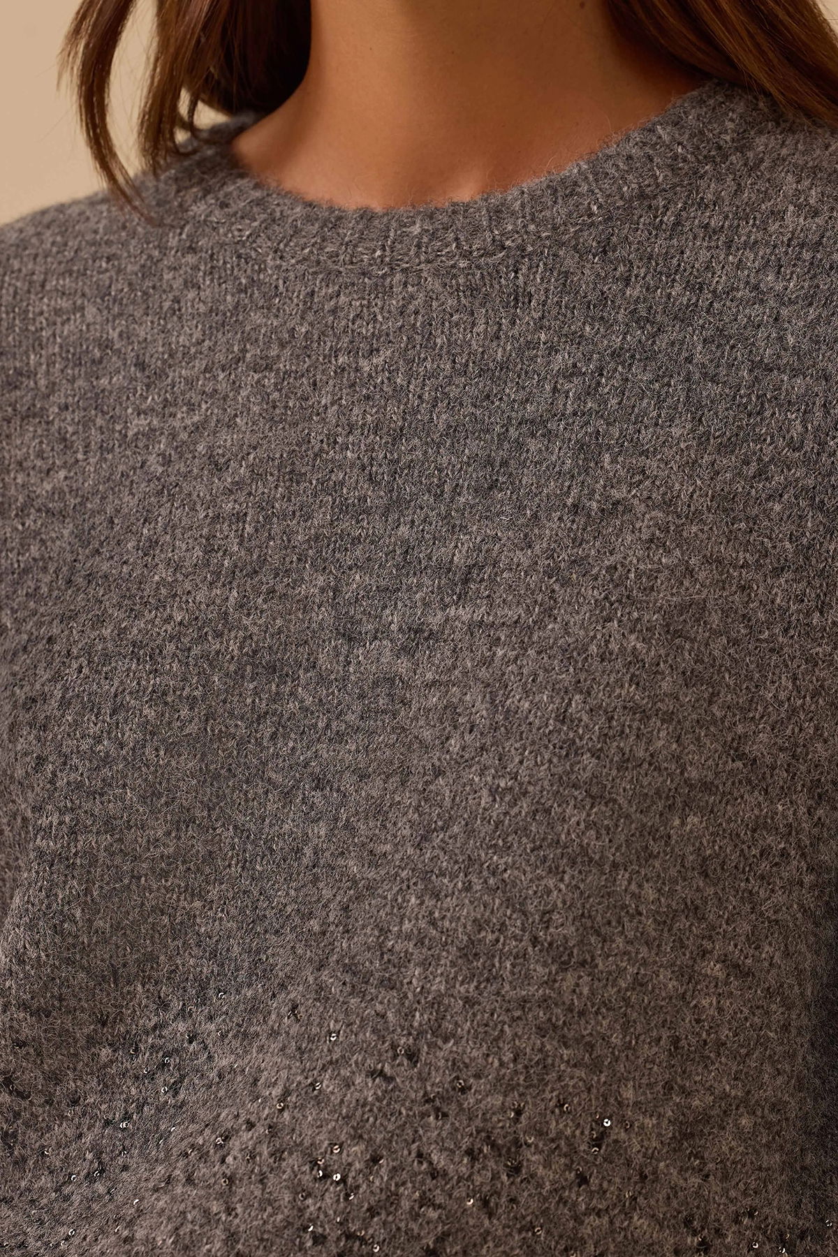 Seçil Kadın Pul Detaylı Triko Kazak 0044 Gri - 3