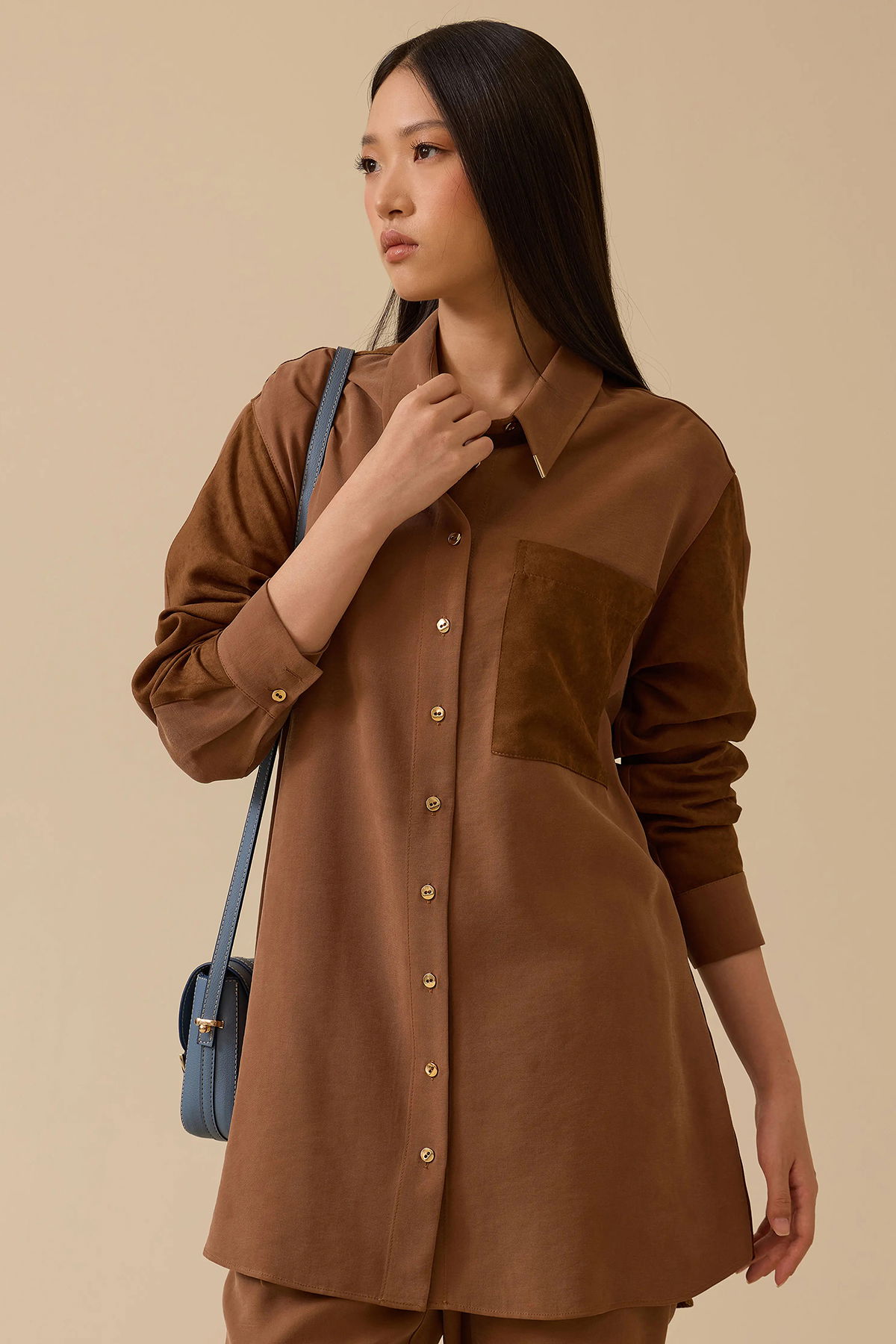 Seçil Kadın Süet Cep Detaylı Düğmeli Gömlek 1009 Kahverengi - 1