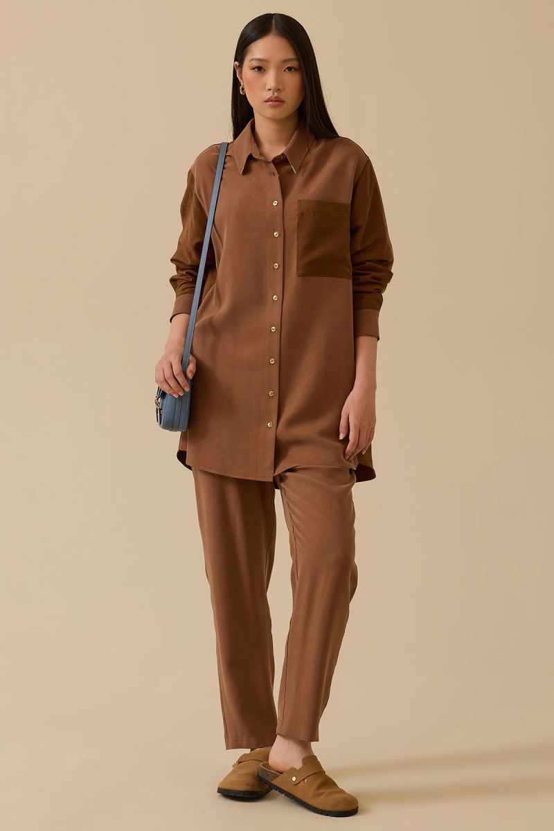 Seçil Kadın Süet Cep Detaylı Düğmeli Gömlek 1009 Kahverengi - 2