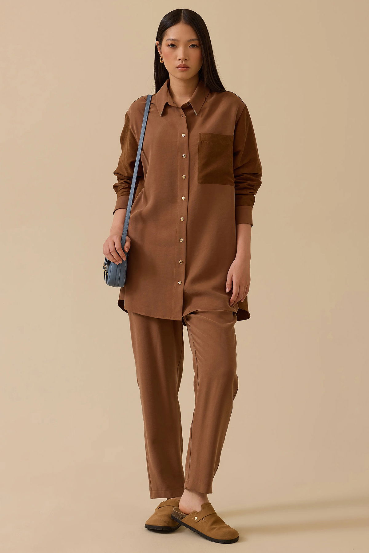 Seçil Kadın Süet Cep Detaylı Düğmeli Gömlek 1009 Kahverengi - 2