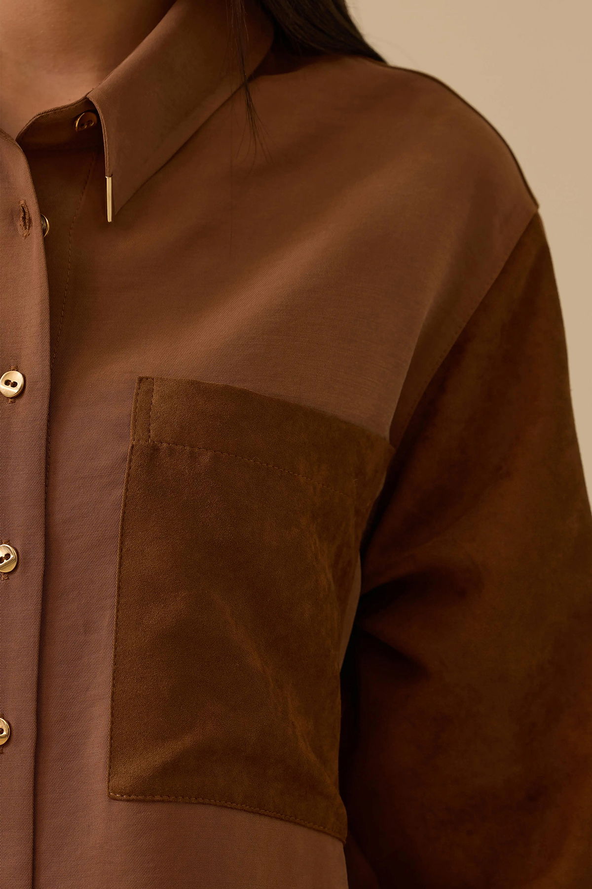 Seçil Kadın Süet Cep Detaylı Düğmeli Gömlek 1009 Kahverengi - 4