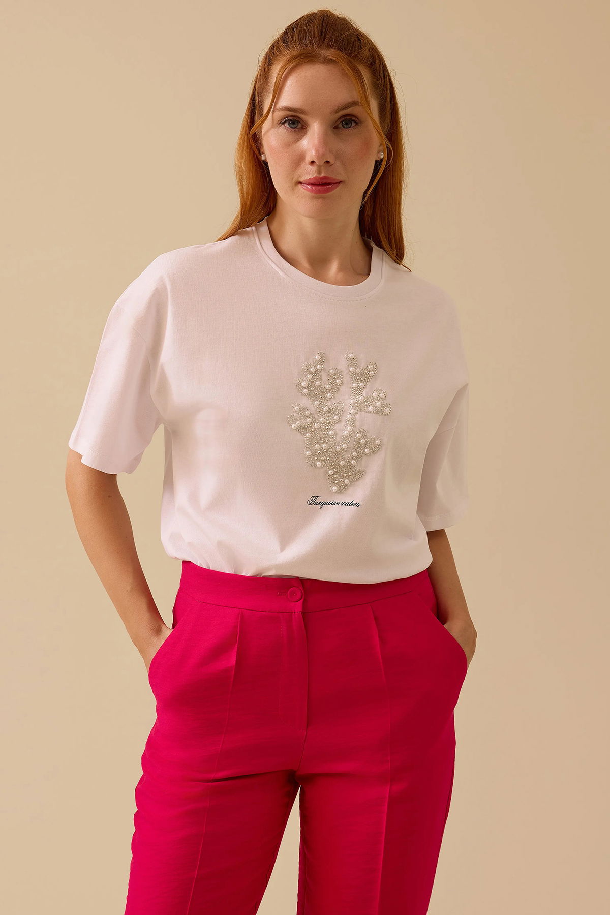 Seçil Kadın Taş Detaylı Baskılı T-Shirt 0014 Beyaz - 1