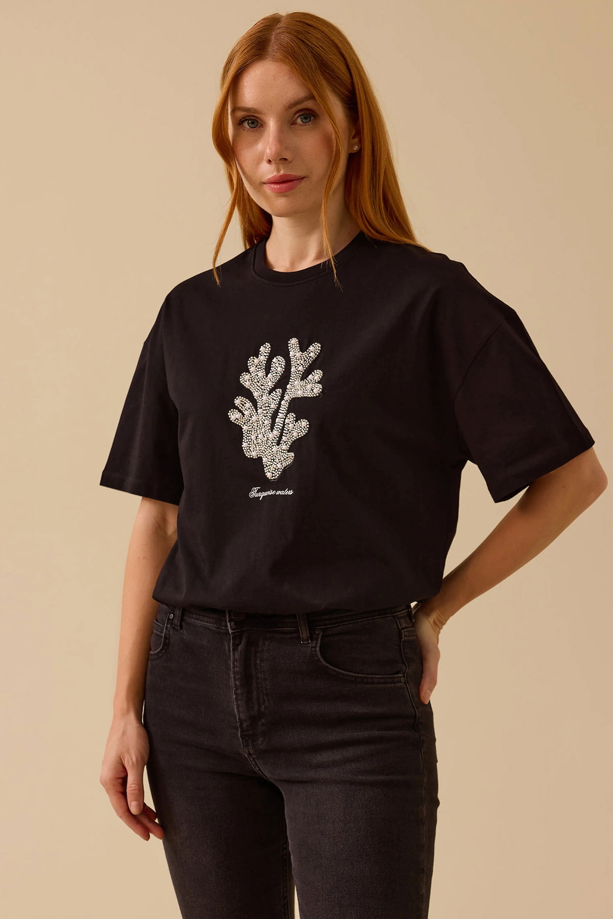 Seçil Kadın Taş Detaylı Baskılı T-Shirt 0014 Siyah - 1