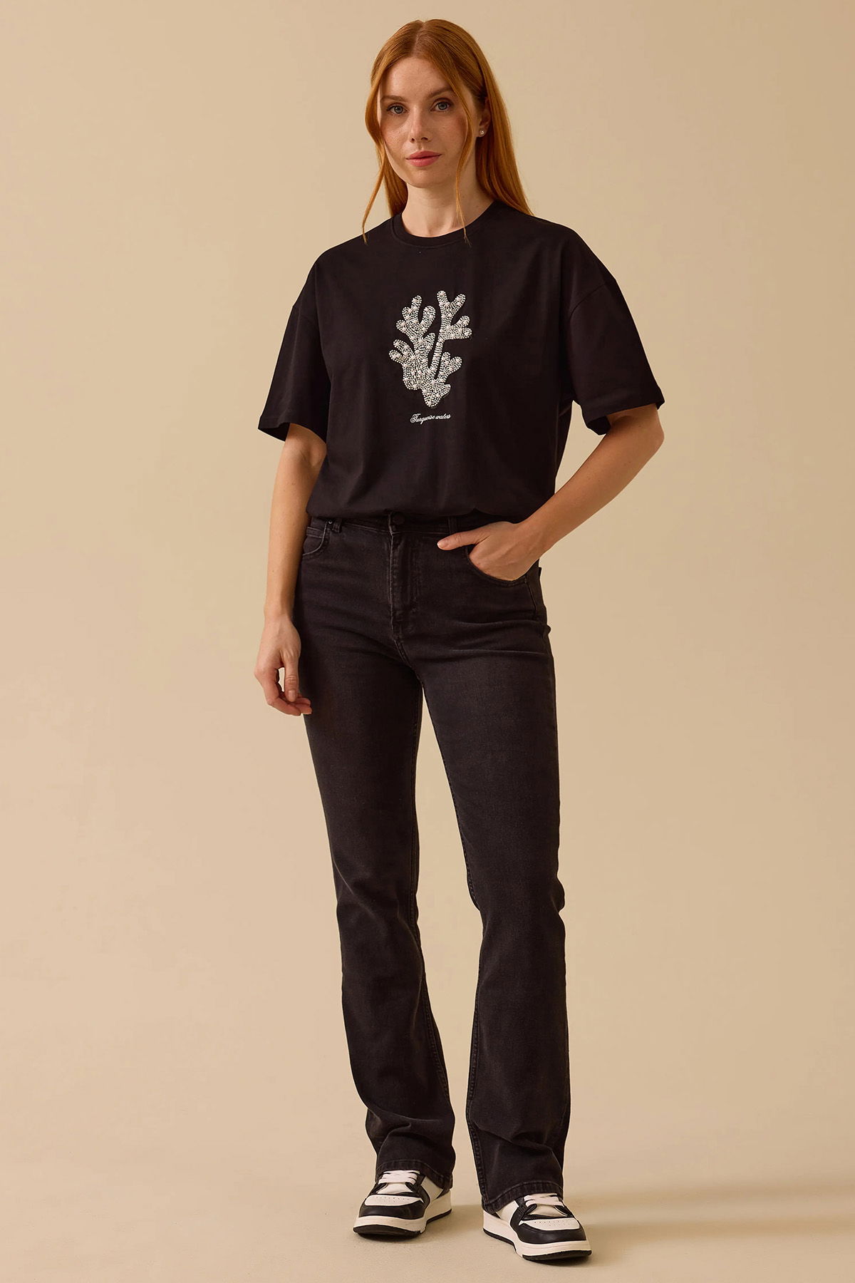 Seçil Kadın Taş Detaylı Baskılı T-Shirt 0014 Siyah - 2