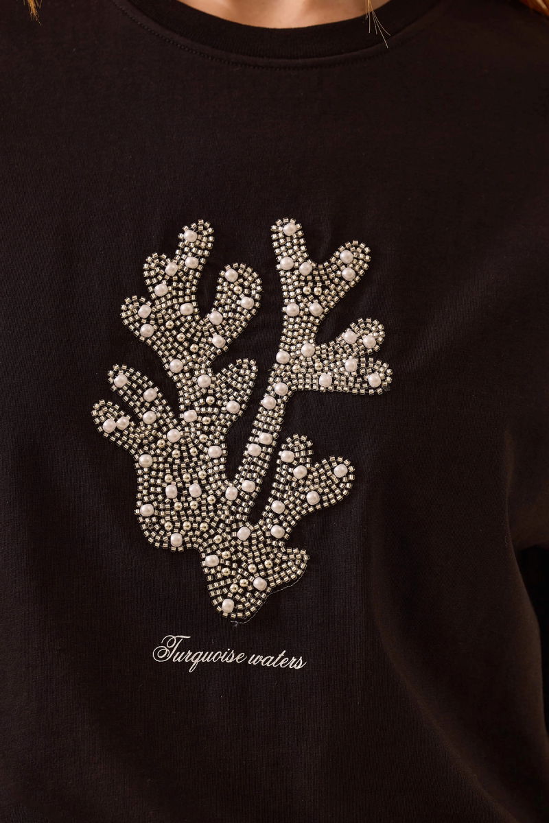 Seçil Kadın Taş Detaylı Baskılı T-Shirt 0014 Siyah - 3