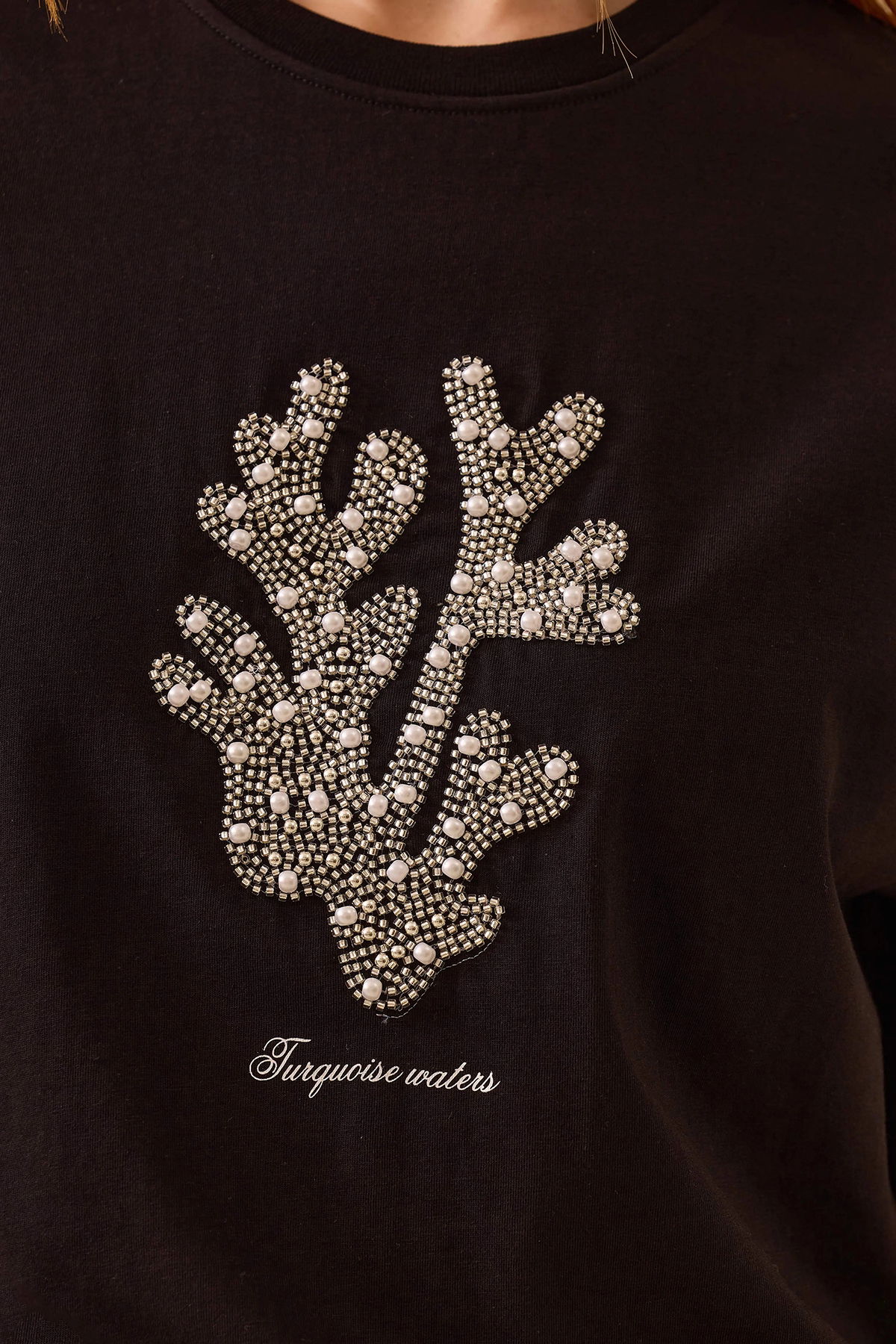 Seçil Kadın Taş Detaylı Baskılı T-Shirt 0014 Siyah - 3