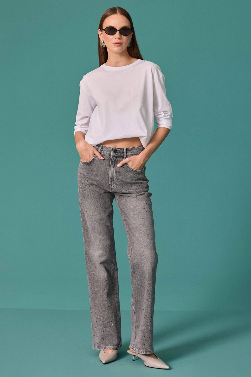 Seçil Kadın Taş Detaylı İspanyol Paça Denim Pantolon Gri - Seçil