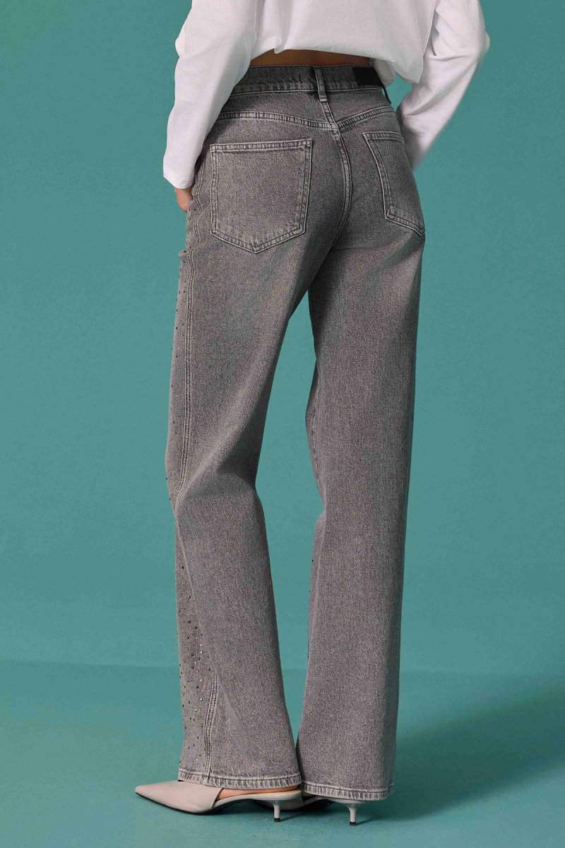 Seçil Kadın Taş Detaylı İspanyol Paça Denim Pantolon Gri - 4