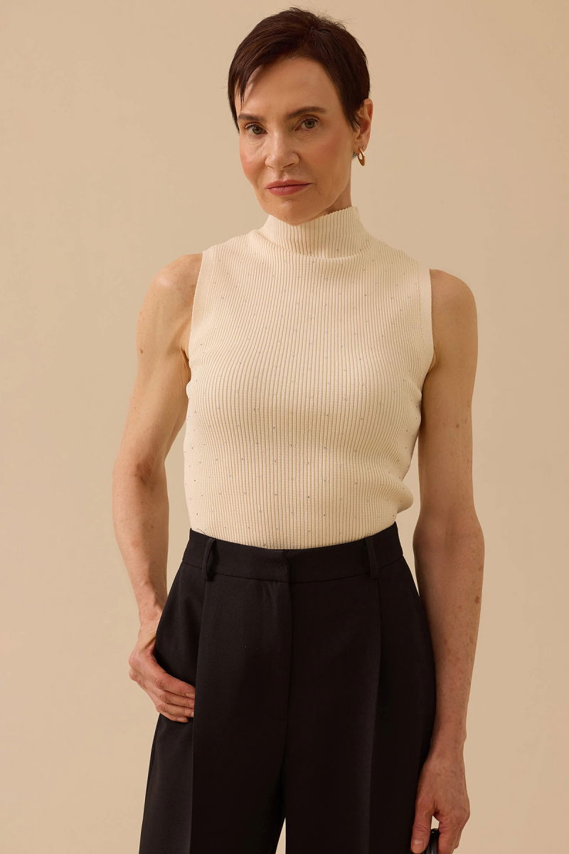 Seçil Kadın Taş Detaylı Triko Kolsuz Bluz 0027 Ekru - Seçil