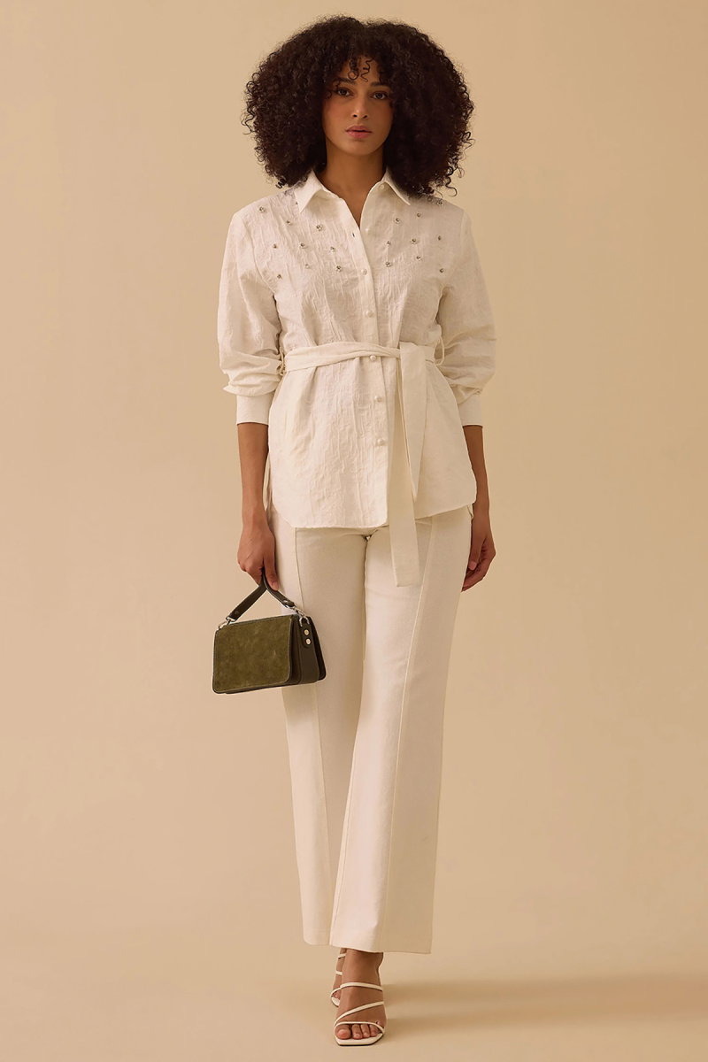 Seçil Kadın Taşlı Kuşak Detaylı Cepli Gömlek 0006 Beyaz - Seçil