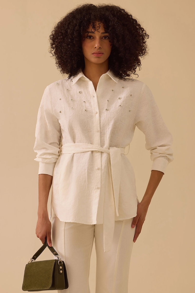 Seçil Kadın Taşlı Kuşak Detaylı Cepli Gömlek 0006 Beyaz - 2