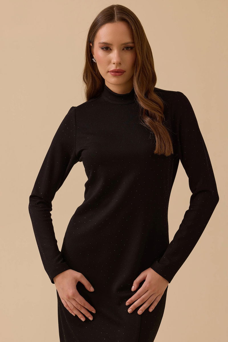 Seçil Kadın Taşlı Yırtmaç Detaylı Elbise 0017 Siyah - 2