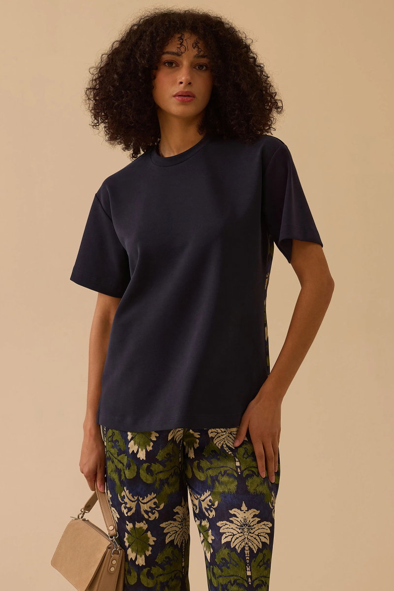 Seçil Kadın Tropik Desen Yuvarlak Yaka T-Shirt 0003 Lacivert - Seçil
