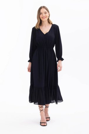 Seçil Kadın V Yaka Beli Büzgülü Elbise 1011 Siyah - 1