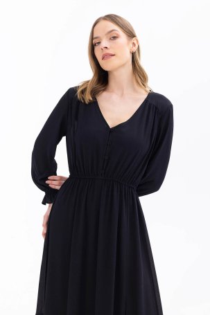 Seçil Kadın V Yaka Beli Büzgülü Elbise 1011 Siyah - 2