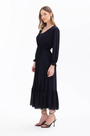 Seçil Kadın V Yaka Beli Büzgülü Elbise 1011 Siyah - 3