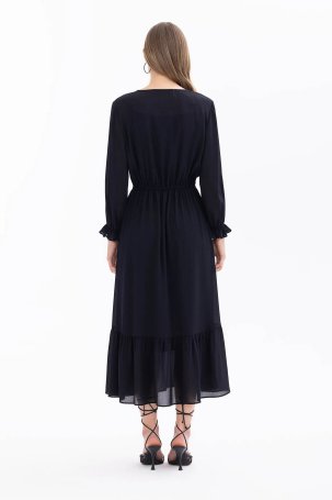 Seçil Kadın V Yaka Beli Büzgülü Elbise 1011 Siyah - 4