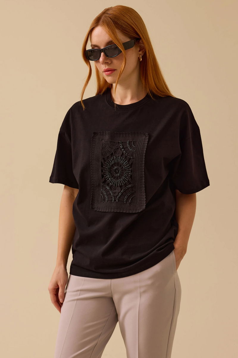 Seçil Kadın Yuvarlak Yaka Motif Detaylı T-Shirt 0013 Siyah - 2