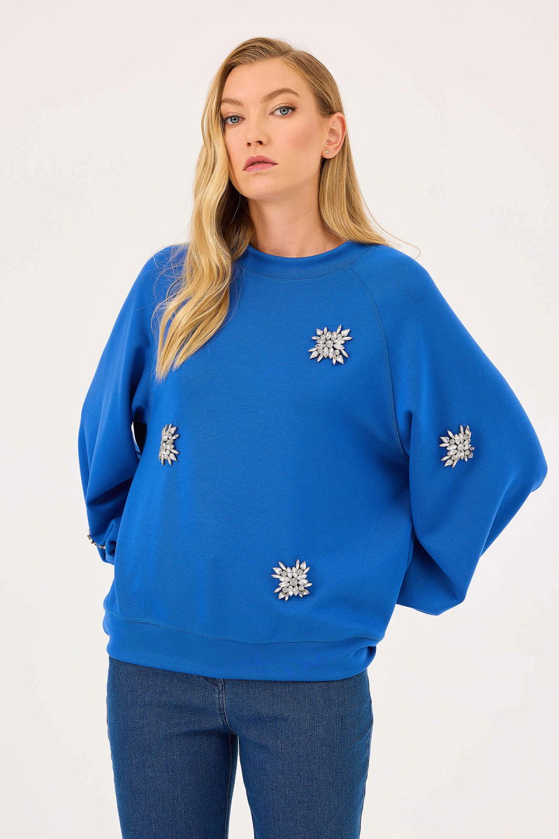 Seçil Kadın Yuvarlak Yaka Taşlı Sweatshirt 0001 Saks - 1