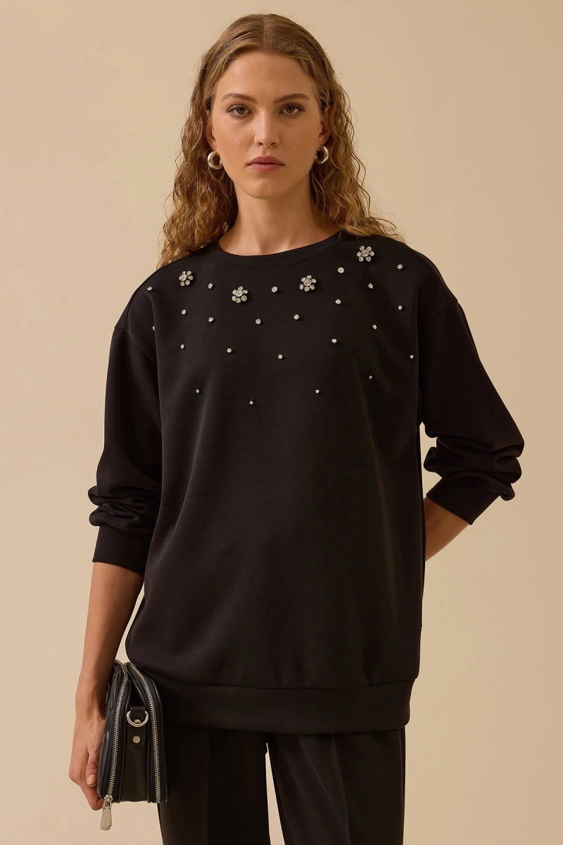 Seçil Kadın Yuvarlak Yaka Taşlı Sweatshirt 0001 Siyah - 1