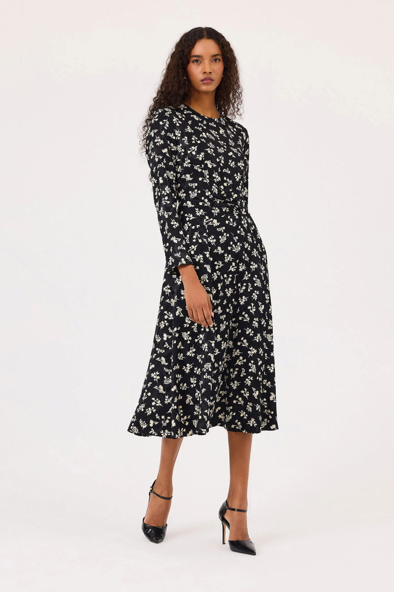 Seçil Kadın Yuvarlak Yaka Uzun Kollu Midi Boy Elbise 0004 Siyah - 1