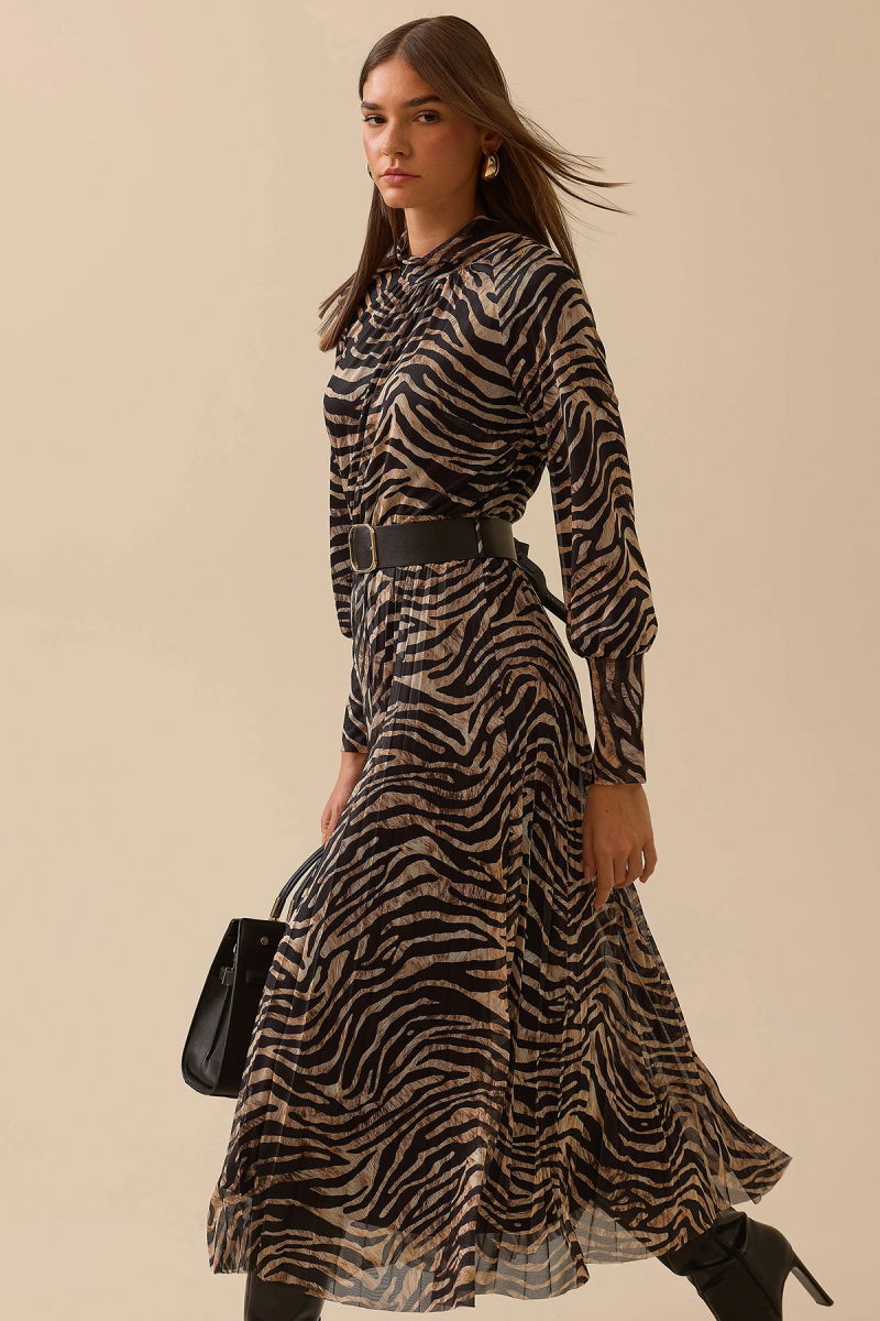 Seçil Kadın Zebra Desenli Kemerli Elbise 0016 Siyah - Seçil