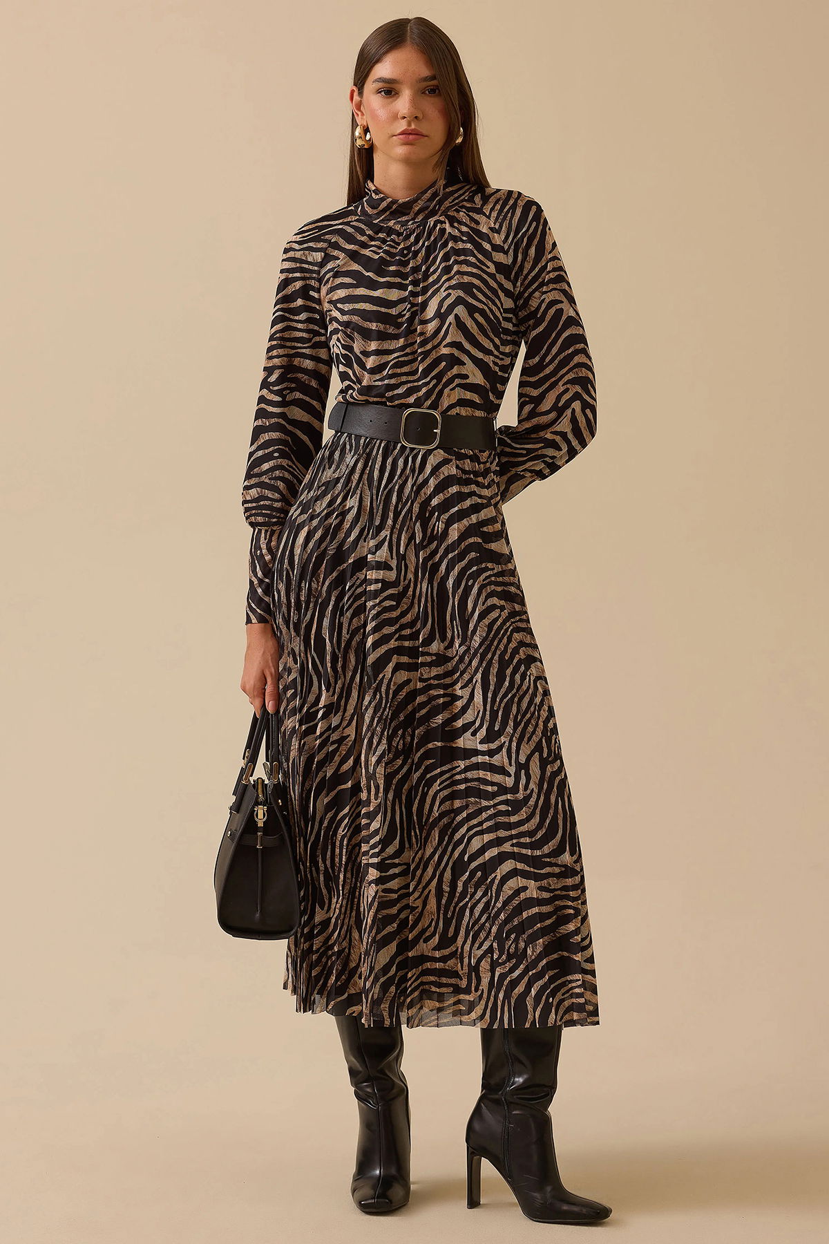 Seçil Kadın Zebra Desenli Kemerli Elbise 0016 Siyah - 2