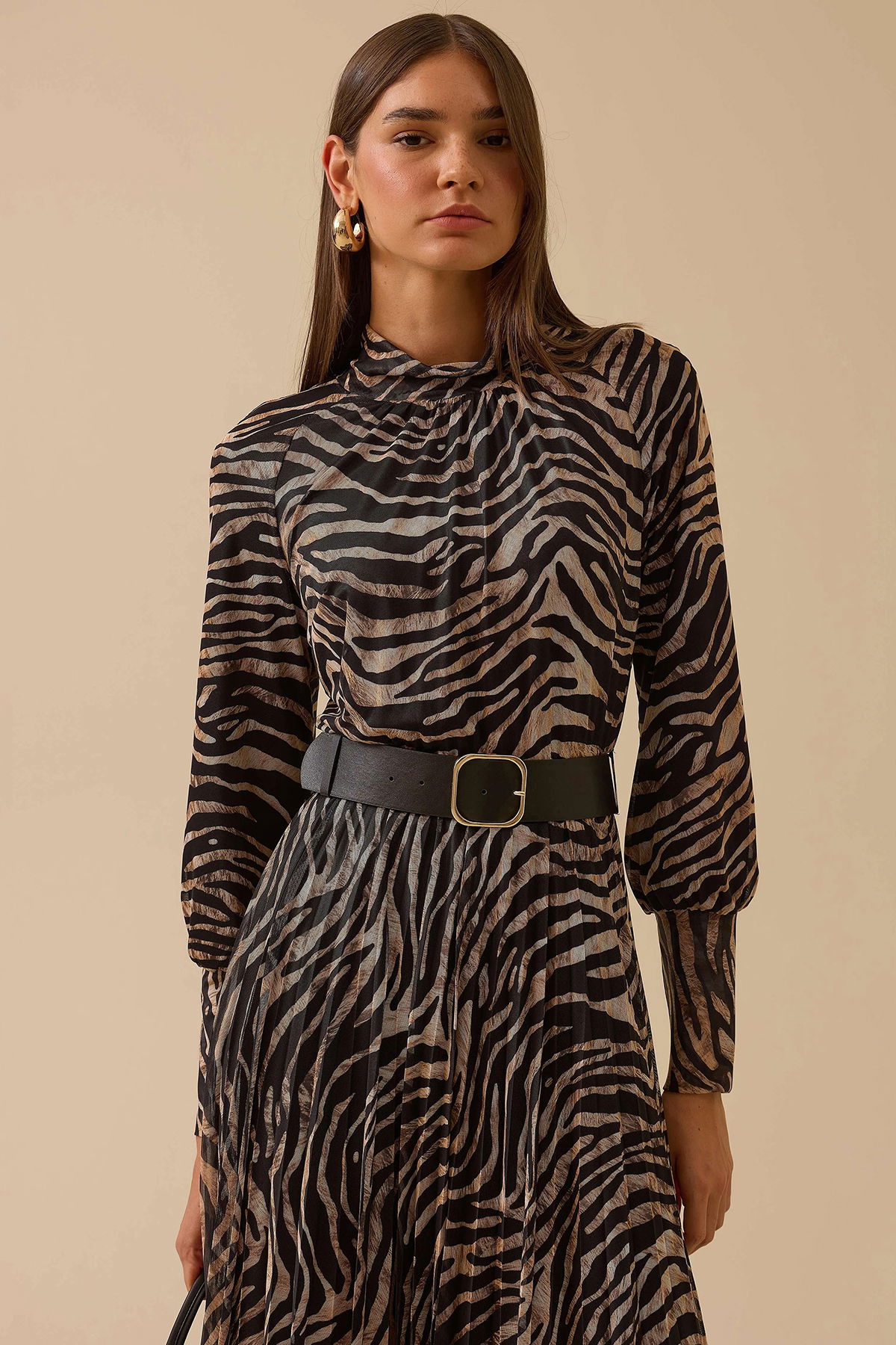 Seçil Kadın Zebra Desenli Kemerli Elbise 0016 Siyah - 3