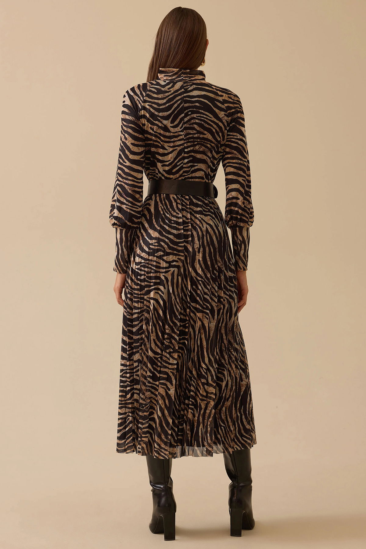 Seçil Kadın Zebra Desenli Kemerli Elbise 0016 Siyah - 5