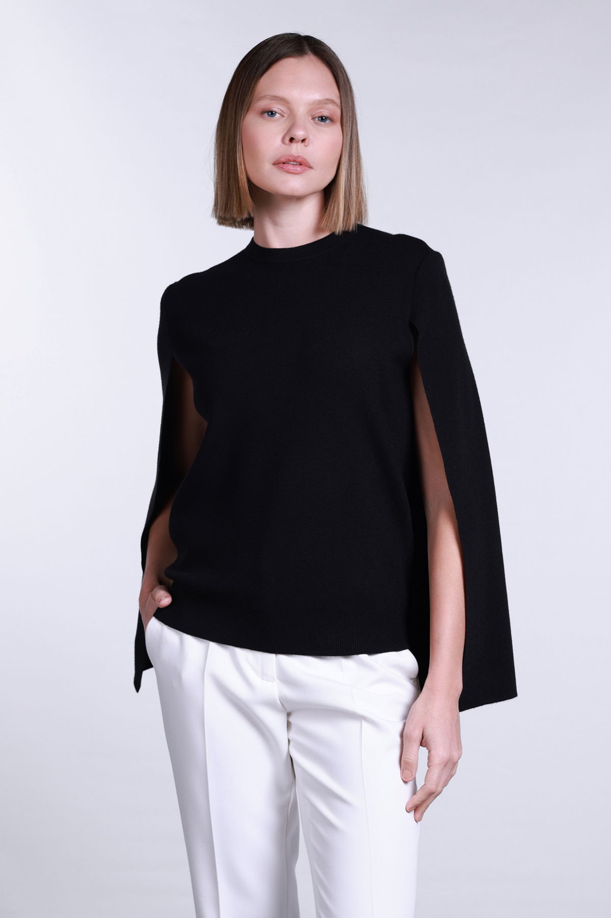 Sempre Kadın Bisiklet Yaka Pelerin Detaylı Kazak 2775 Siyah - 1