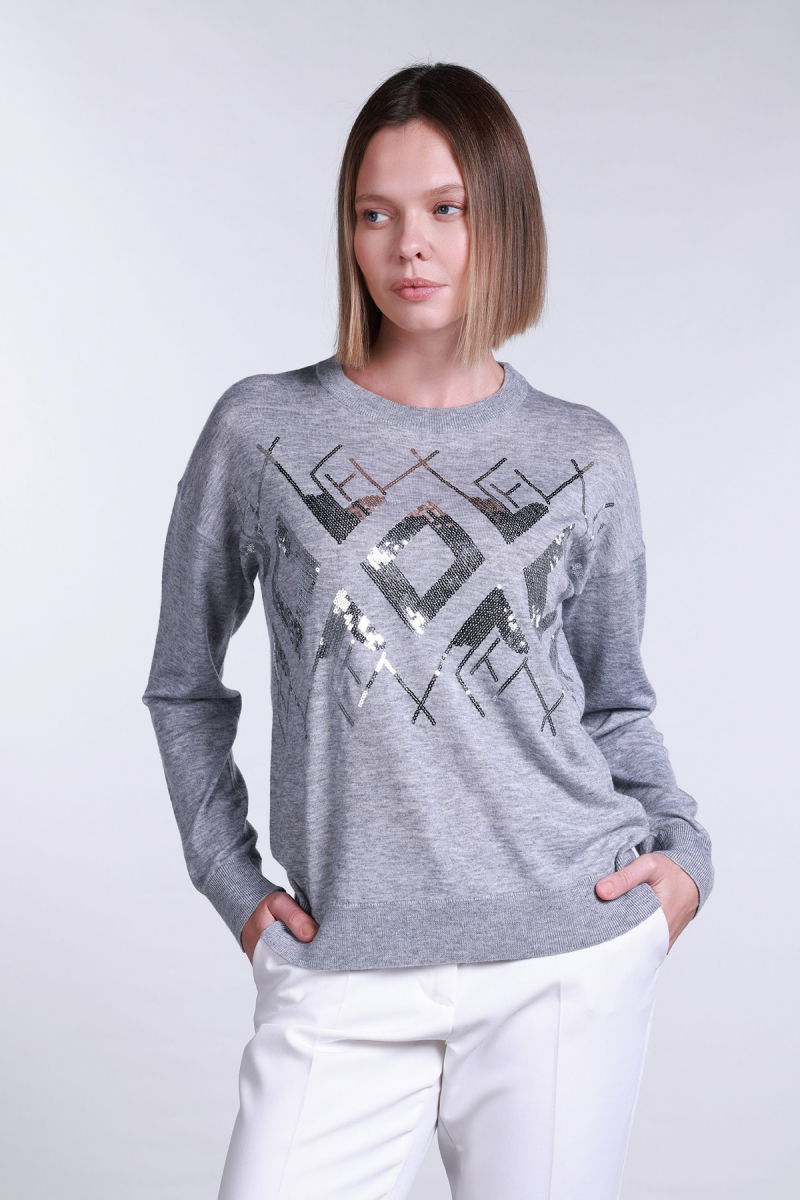 Sempre Kadın Bisiklet Yaka Pul İşlemeli Yün Kazak 2720 Gri - Sempre