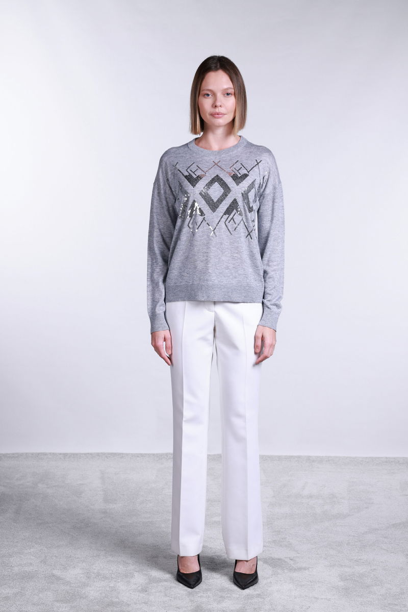 Sempre Kadın Bisiklet Yaka Pul İşlemeli Yün Kazak 2720 Gri - 2