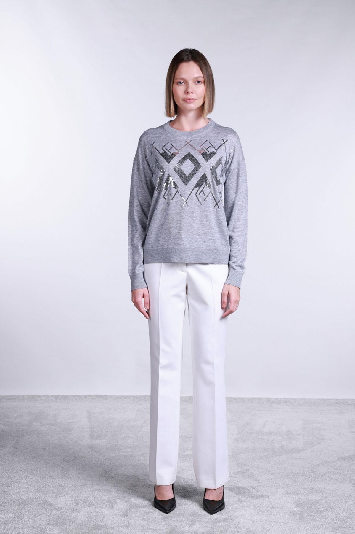 Sempre Kadın Bisiklet Yaka Pul İşlemeli Yün Kazak 2720 Gri - 2