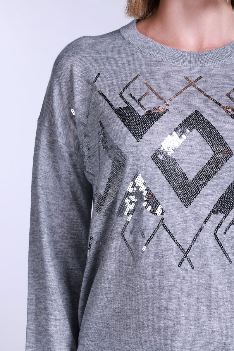 Sempre Kadın Bisiklet Yaka Pul İşlemeli Yün Kazak 2720 Gri - 3