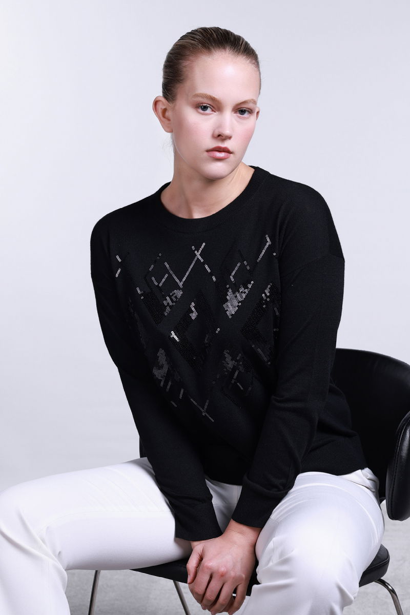 Sempre Kadın Bisiklet Yaka Pul İşlemeli Yün Kazak 2720 Siyah - Sempre