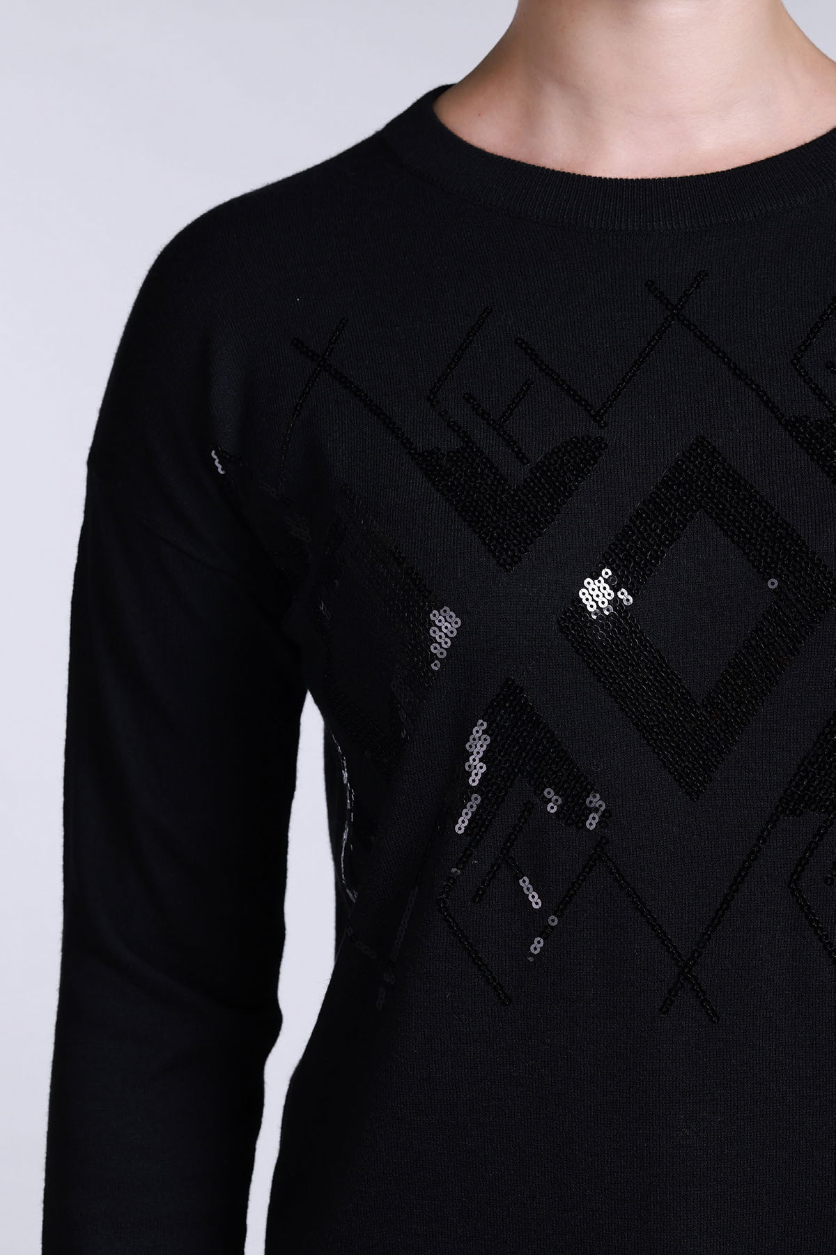 Sempre Kadın Bisiklet Yaka Pul İşlemeli Yün Kazak 2720 Siyah - 3