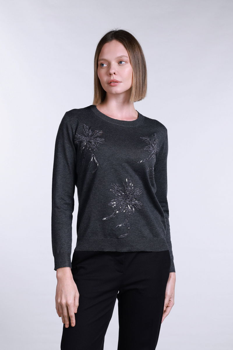 Sempre Kadın Bisiklet Yaka Pul İşlemeli Yün Kazak 2765 Koyu Gri - 2