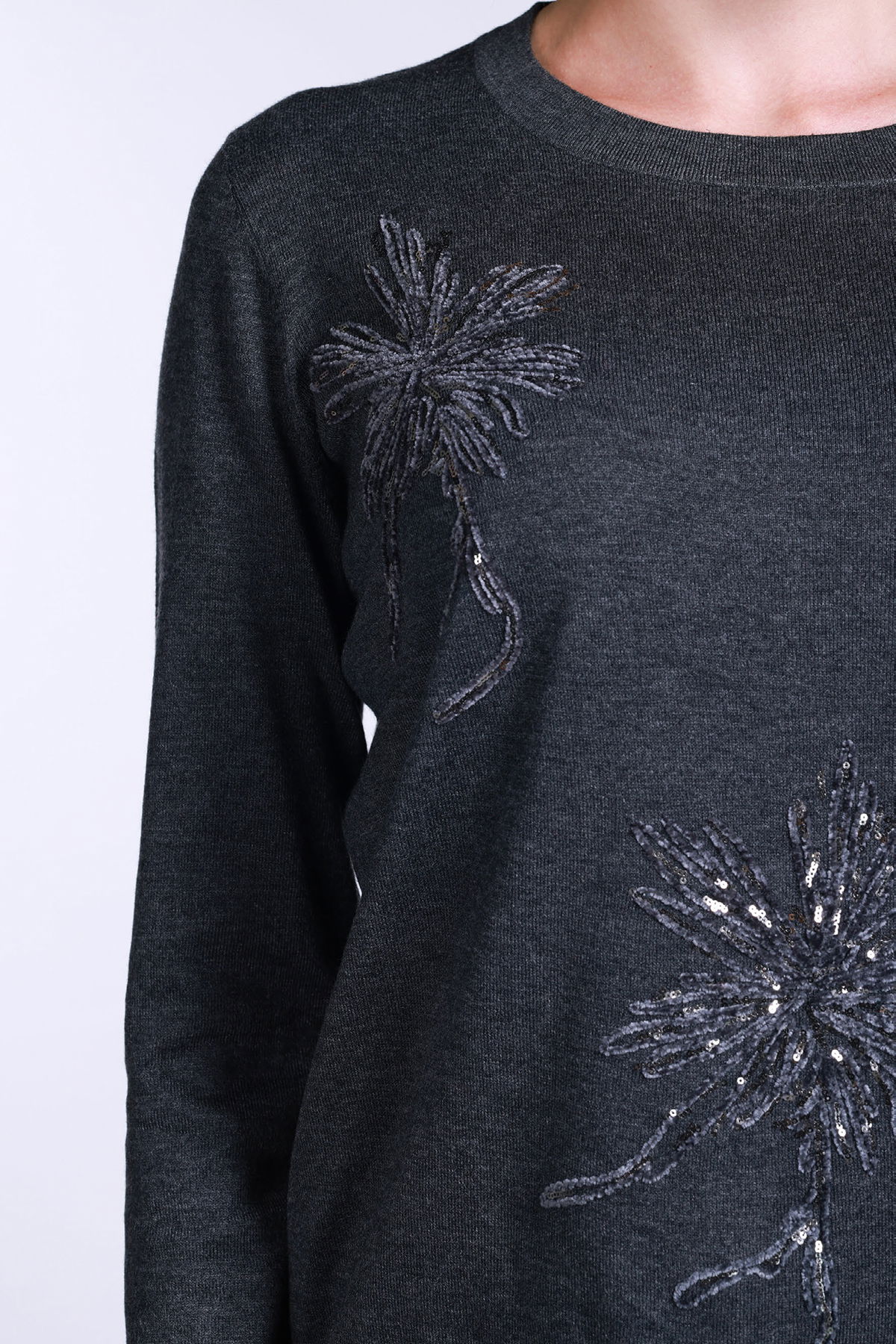 Sempre Kadın Bisiklet Yaka Pul İşlemeli Yün Kazak 2765 Koyu Gri - 3