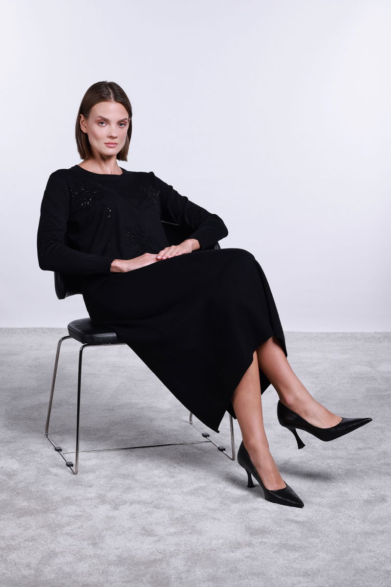 Sempre Kadın Bisiklet Yaka Pul İşlemeli Yün Kazak 2765 Siyah - Sempre